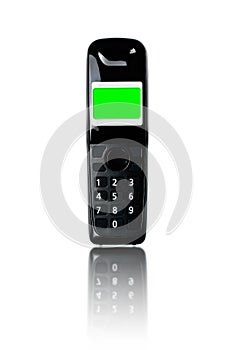 Wireless phone. Cordless phone with reflection on white background.