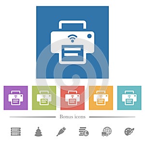 Wireless printer flat white icons in square backgrounds