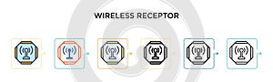 Wireless receptor vector icon in 6 different modern styles. Black, two colored wireless receptor icons designed in filled, outline