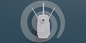 Wireless repeater WiFi extender isolated on blue wall. Internet booster, white, close up. 3d render