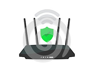 Wireless router concept, security, business communication social network concept logo design. Black wireless wi-fi router.