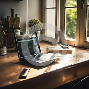 Wireless Router and Devices on Wooden Desk