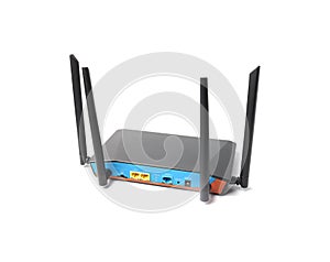 Wireless router. wireless wi-fi black router with four antennas isolated on white background. High speed internet connection