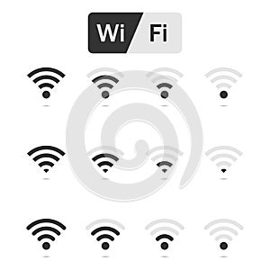 Wireless signal icons. Wi-FI and radio symbols. Network signs. Internet signal waves. Free wifi for devices, phones and computers