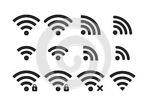 Wireless signal web icon set. Wi fi icons. Secured, unsecured, no connection, password protected icons. photo