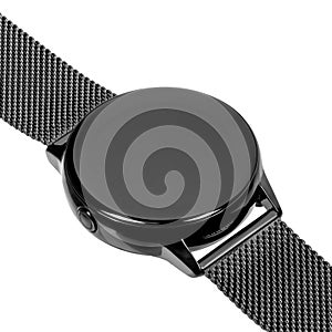 Wireless smart watch in a round glossy black case on a metal strap with a blank screen for a logo