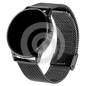 Wireless smart watch in a round glossy black case on a metal strap with a blank screen for a logo