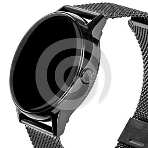 Wireless smart watch in a round glossy black case on a metal strap with a blank screen for a logo