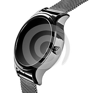 Wireless smart watch in a round glossy black case on a metal strap