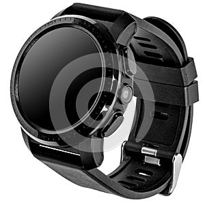Wireless smart watch in a round glossy black case with numbers on the rim, buttons and a camera