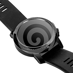 Wireless smart watch in a round glossy black case with numbers on the rim, buttons and a camera