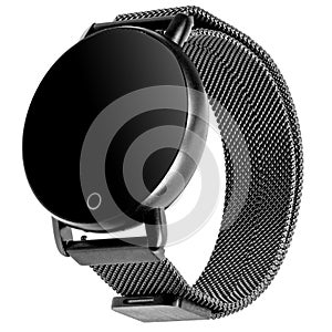 Wireless smart watch in a round matte black case on a metal strap