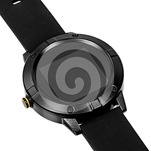 Wireless smart watch in a round matte black case on silicone strap