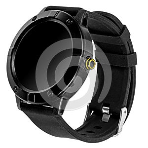 Wireless smart watch in a round matte black case on silicone strap