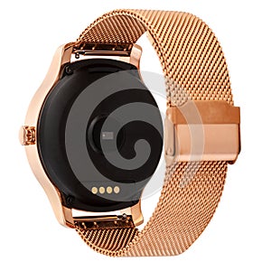 Wireless smart watch in a round shiny gold case and a metal strap
