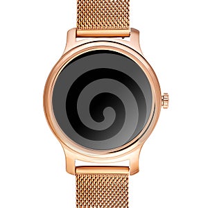 Wireless smart watch in a round shiny gold case and a metal strap