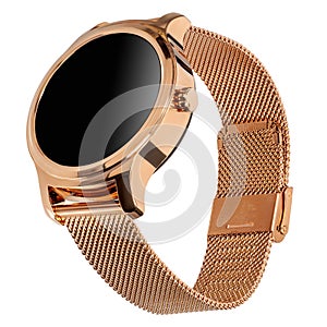 Wireless smart watch in a round shiny gold case and a metal strap