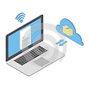 Wireless technologies. The documents, information and applications from the cloud. Vector isometric illustration