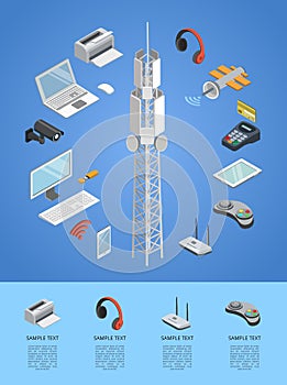 Wireless technologies isometric 3D infographics.