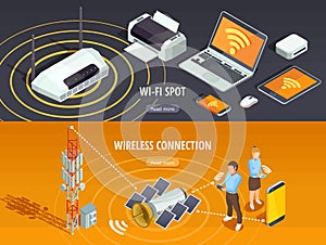 Wireless Technology Isometric Horizontal Banners Set