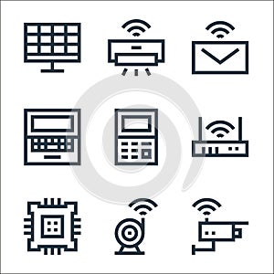 wireless technology line icons. linear set. quality vector line set such as cctv camera, webcam, cpu, router, calculator, laptop,