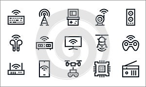 wireless technology line icons. linear set. quality vector line set such as radio, drone, router, cpu, smartphone, earphones,