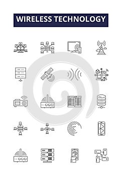 Wireless technology line vector icons and signs. Technology, Radio, GSM, Wi-Fi, Bluetooth, Satellite, Microwave,Infrared