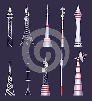 Wireless tower. Tv radio network communication satellite antena signal vector pictures. Communication tower. Cellular