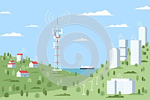 Wireless tower in village valley, traffic internet landscape. It city, antenna construction and cellular satellite