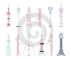 Wireless towers, construction radio telephone tower with antenna. Telecoms communications equipment, 4g radar. Flat 5g