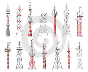 Wireless towers. Telecommunication network tower. Mobile and radio airwave connection systems. Communication satellite