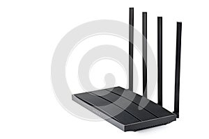 Wireless wi-fi black router with four antennas isolated on white. High speed internet connection, firewall network and