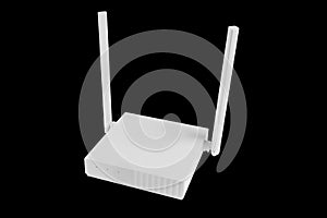 Wireless Wi-Fi router isolated on black background. wifi technology concept. White wireless internet router isolated. Cable modem