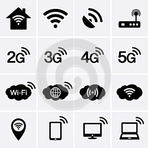 Wireless and Wifi icons. 2G, 3G, 4G and 5G technology symbols.