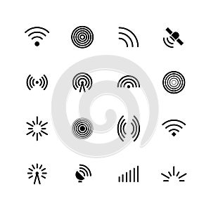 Wireless wifi and radio signals icons. Antenna, mobile signal and wave vector symbols isolated