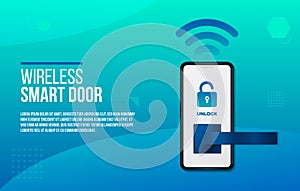 Wireless or wifi smart door protection, mobile device application key, innovation. A blue smartphone on a modern background.