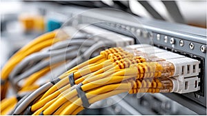 Wires and connectors fill a server mainframe, illuminated by a single light bulb, showcasing advanced data center technology