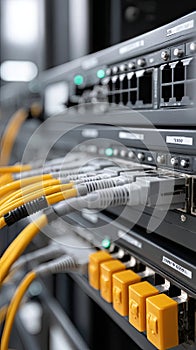 Wires and connectors fill a server mainframe, illuminated by a single light bulb, showcasing advanced data center technology