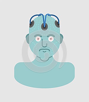 Wires from head. Future technology consciousness. Artificial Intelligence vector illustration