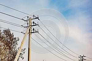 Wires on a power line on a pole with insulators against a clear sky
