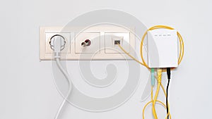 Wires, sockets, cable and internet router