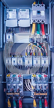 Wires and switches in electric box. Electrical panel with fuses and contactors