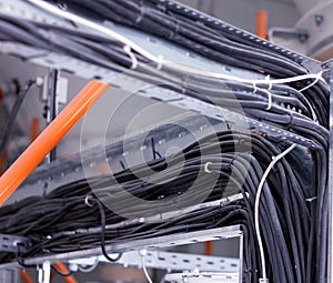 Wiring harnesses for black electrical wiring, close-up, electrical cables, industry photo