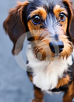 wiry-haired-dachshund dog with big eyes on the street front to the camera.