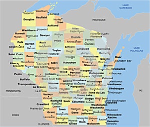 Wisconsin County Map with 72 counties