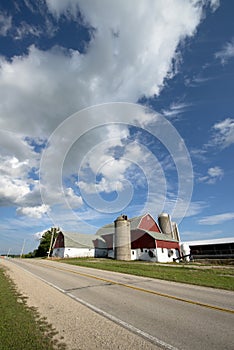 Wisconsin Dairy Farm, Barn, Farmhouse, Blue Sky and Clouds