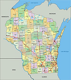 Wisconsin - detailed editable political map with labeling.