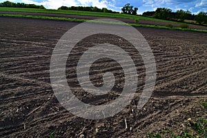 Wisconsin farm field with tractor tire tracks in the dirt