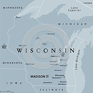 Wisconsin, WI, gray political map, US state, Badger State photo
