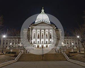 Wisconsin state capitol building at night in Madison, WI